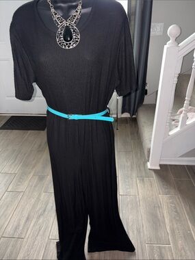 ASOS Black ribbed Women's Jumpsuit with Turquoise Belt size 14
